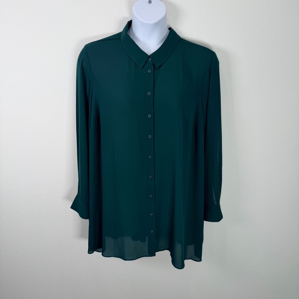 Lane Bryant Womens Plus Size 26/28 Green Long Sleeve Button Up Chiffon Shirt